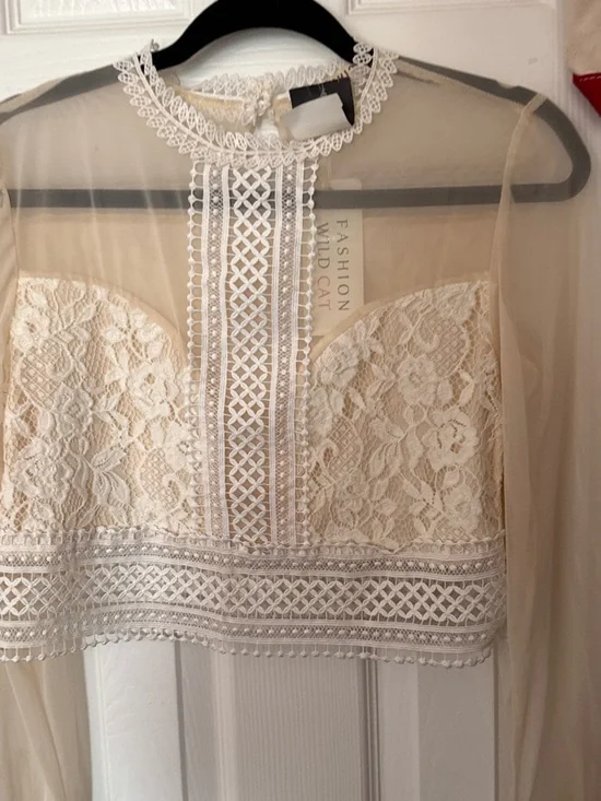 Delicate Lace Overlay Long-Sleeve Top — Cream - Picture 5 of 14